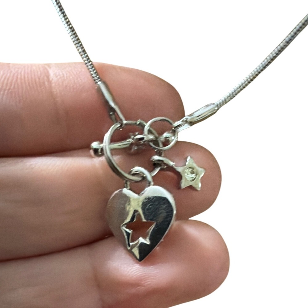 Silver Tone Heart‎ and Star Charm Snake Chain Toggle Clasp Necklace  y2k